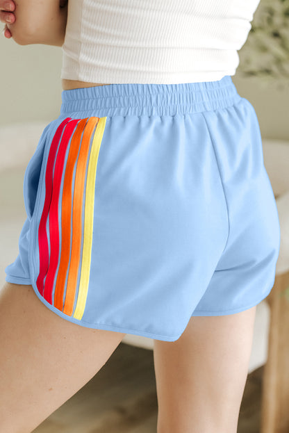 Beau Blue Vintage Color Block Stripes Elastic High Waist Active Shorts