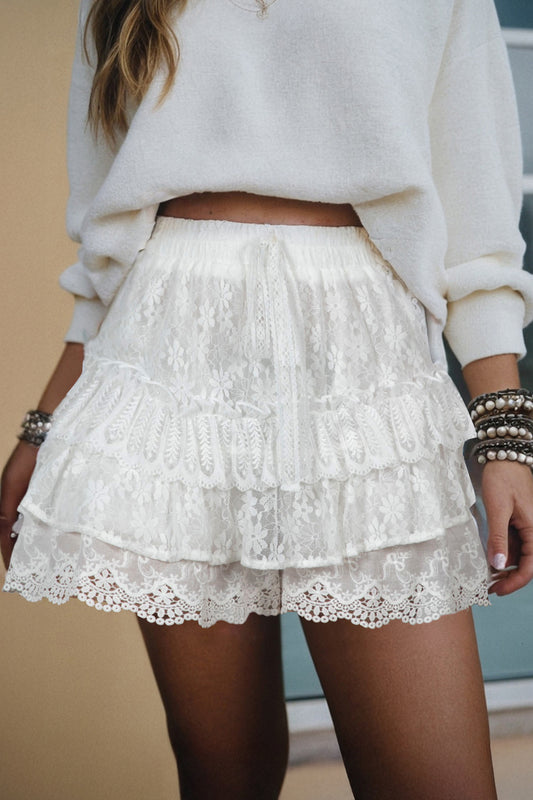 White Lace Ruffle Tiered Shorts