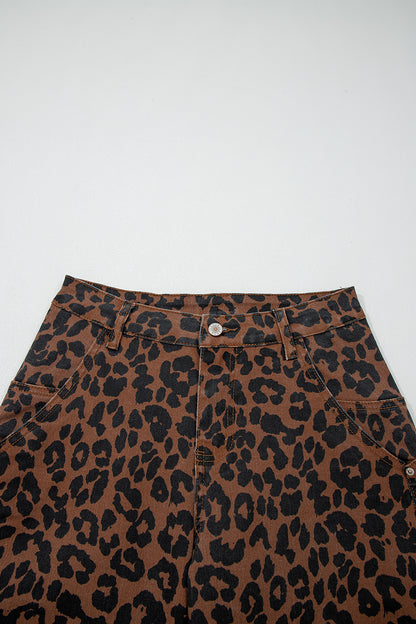 Brown Clear Seam Detail Patchwork Leopard Print Barrel Jeans