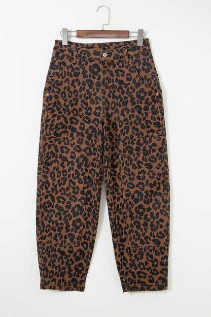 Brown Clear Seam Detail Patchwork Leopard Print Barrel Jeans