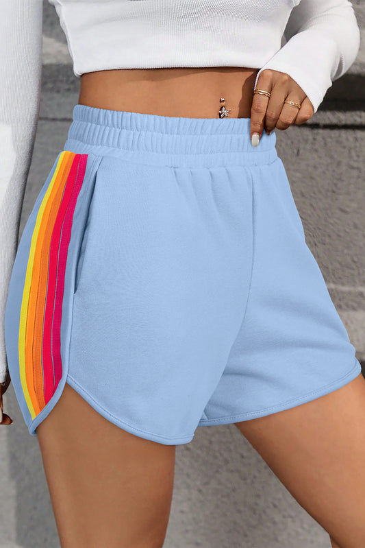 Beau Blue Vintage Color Block Stripes Elastic High Waist Active Shorts