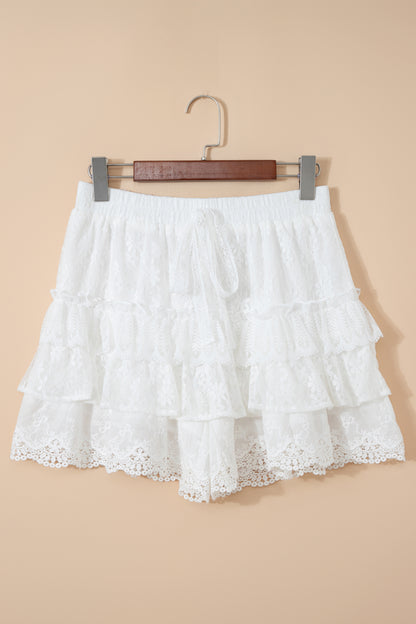White Lace Ruffle Tiered Shorts