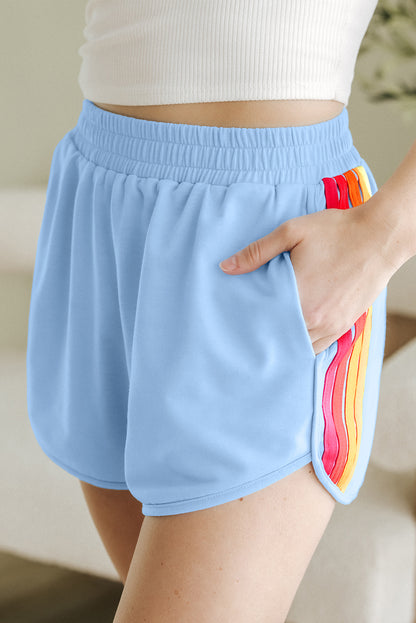 Beau Blue Vintage Color Block Stripes Elastic High Waist Active Shorts