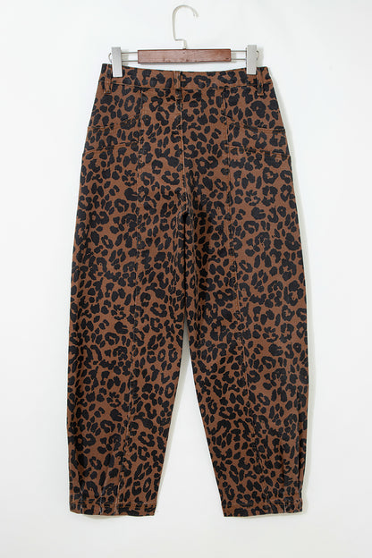 Brown Clear Seam Detail Patchwork Leopard Print Barrel Jeans